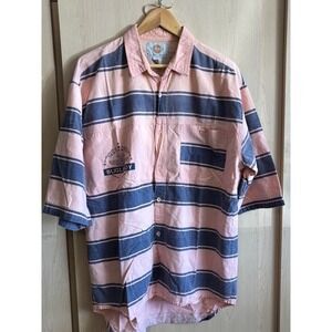 Vintage Bugle Boy Striped Button-Up Shirt Large‎ Pink Blue 100% Cotton Hong Kong